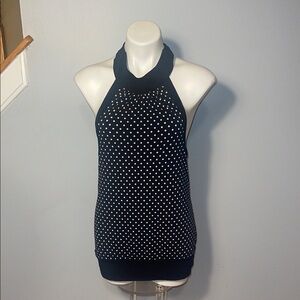 White House Black Market ladies NWT black polka dot halter top. Medium.